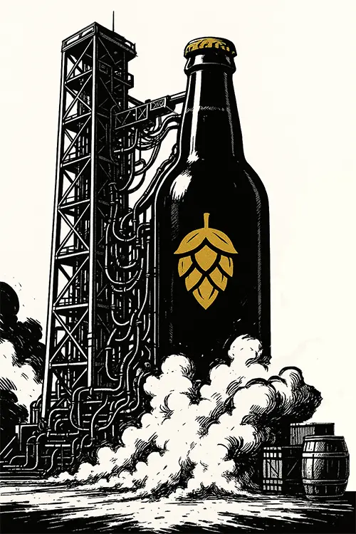 Bierfles op een lanceertoren, linosnede